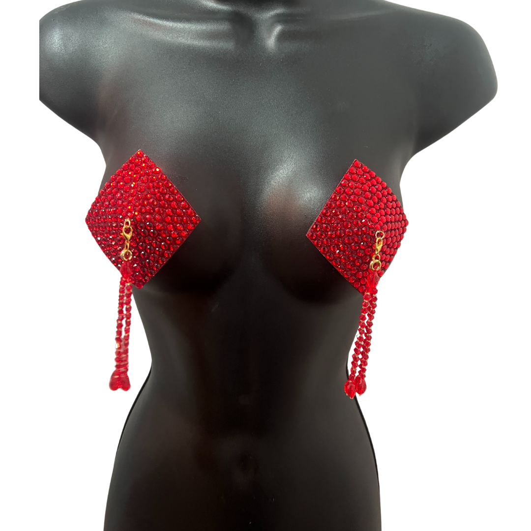 DIAMANTE (5 colours!) Diamond Shape Crystal Pasties, Covers (2 PCS) with Removable Crystal and Tassels