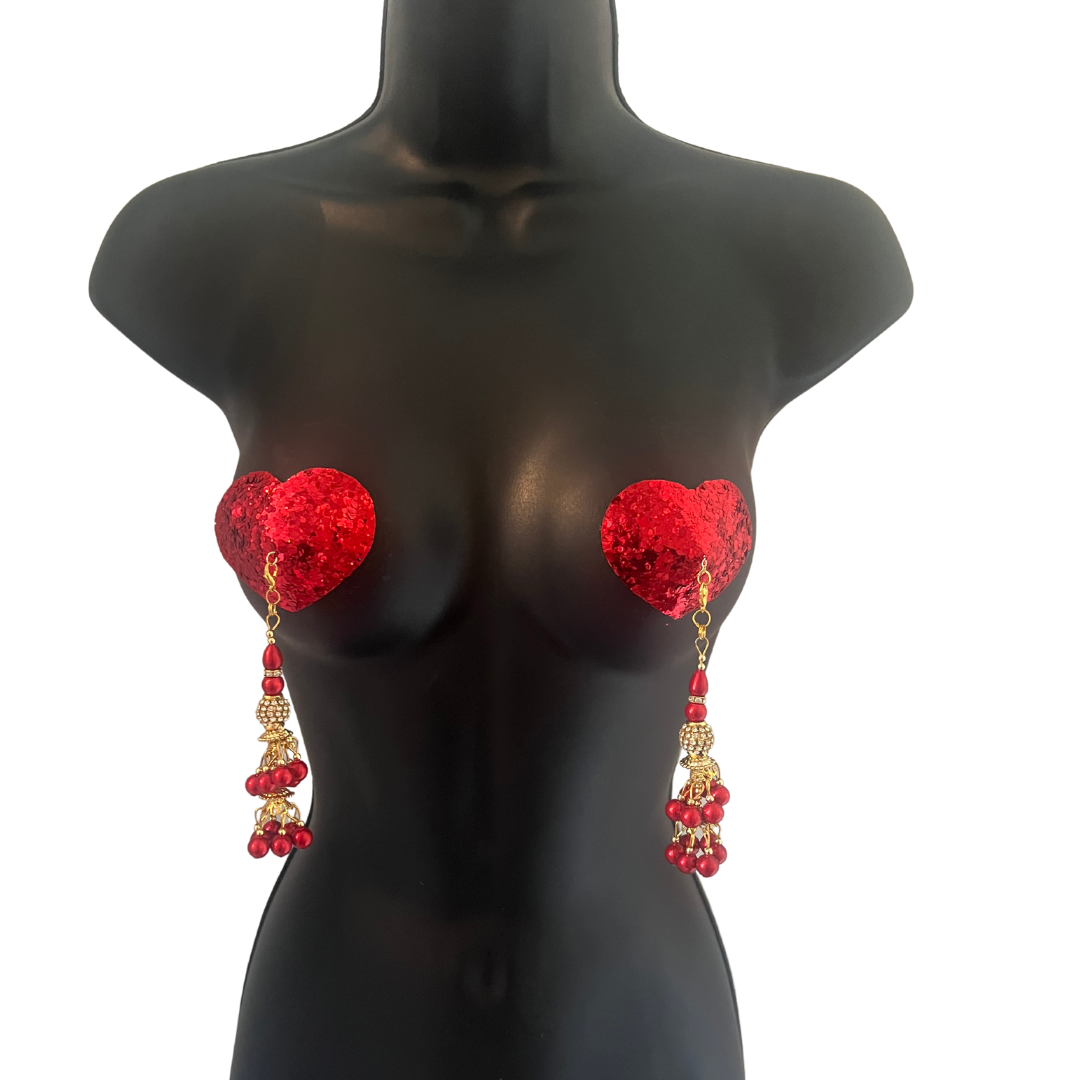 AMORÉ Red Heart Shape Nipple Pasties Covers (2pcs) with Removable Tassels