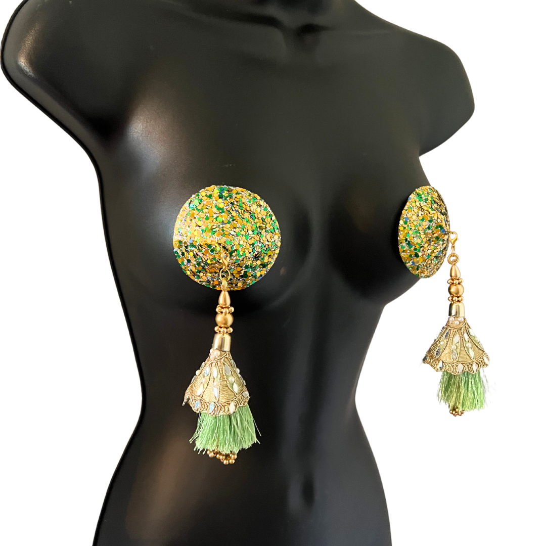 MOJITO Green and Gold Circle Glitter Nipple Pasties, Pasty (2pcs) with Removable Beaded Tassels 2pcs Burlesque Lingerie Raves and Festivals