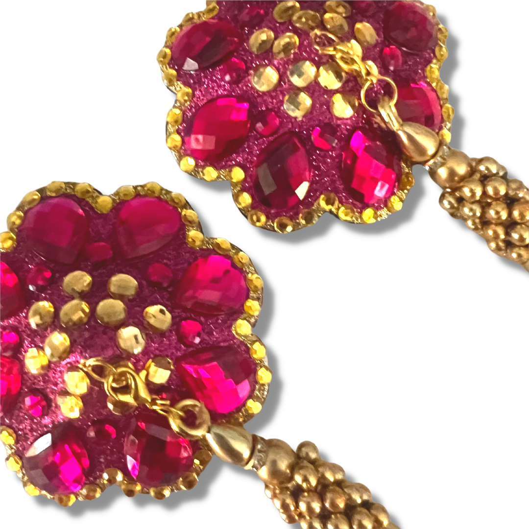 BLOSSOM Hot Pink &amp; Yellow Flower Nipple Pasty, Couvre (2pcs) avec glands amovibles en perles roses et dorées pour lingerie carnaval burlesque rave