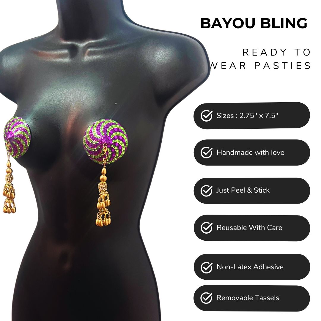 BAYOU BLING Mardi Gras Themed Nipple Pasties Covers (2pcs) with Removable Gold Hand Beaded Tassels