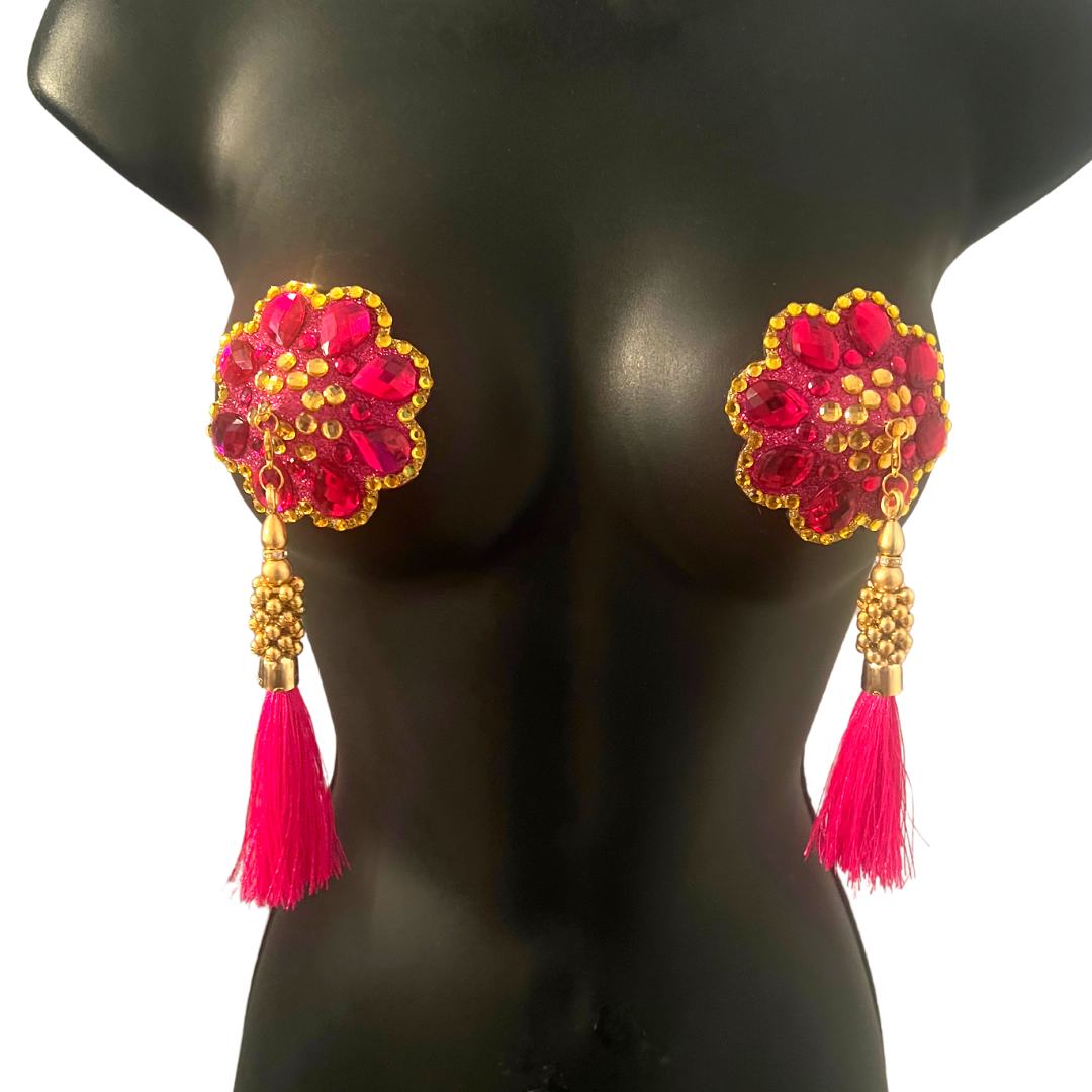 BLOSSOM Hot Pink &amp; Yellow Flower Pezón Pasty, Cubiertas (2 piezas) con borlas extraíbles con cuentas rosas y doradas para lencería Carnaval Burlesque Rave