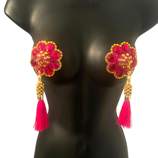 BLOSSOM Hot Pink & Yellow Flower Nipple Pasty, Covers (2pcs) w/Pink and Gold Beaded Removable Tassels for Lingerie Carnival Burlesque Rave