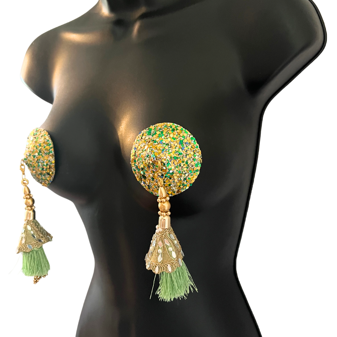 MOJITO Green and Gold Circle Glitter Nipple Pasties, Pasty (2pcs) with Removable Beaded Tassels 2pcs Burlesque Lingerie Raves and Festivals