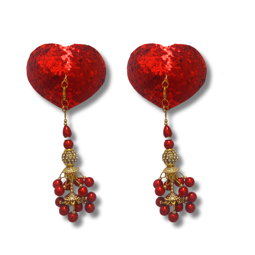 AMORÉ Red Heart Shape Nipple Pasties Covers (2pcs) with Removable Tassels