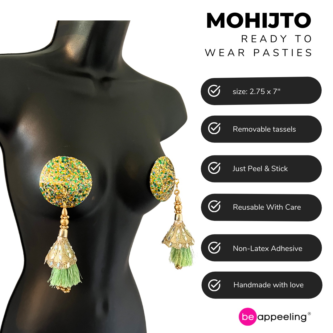 MOJITO Cache-tétons à paillettes circulaires vertes et dorées, pâteux (2 pièces) avec pompons perlés amovibles 2 pièces lingerie burlesque Raves et festivals