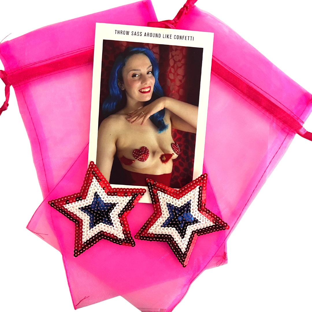 MISS INDEPENDENT Red White & Blue Sequin Star Nipple Pasty, Covers (2 pcs) for Burlesque, Pride, Lingerie, Raves, Festivals
