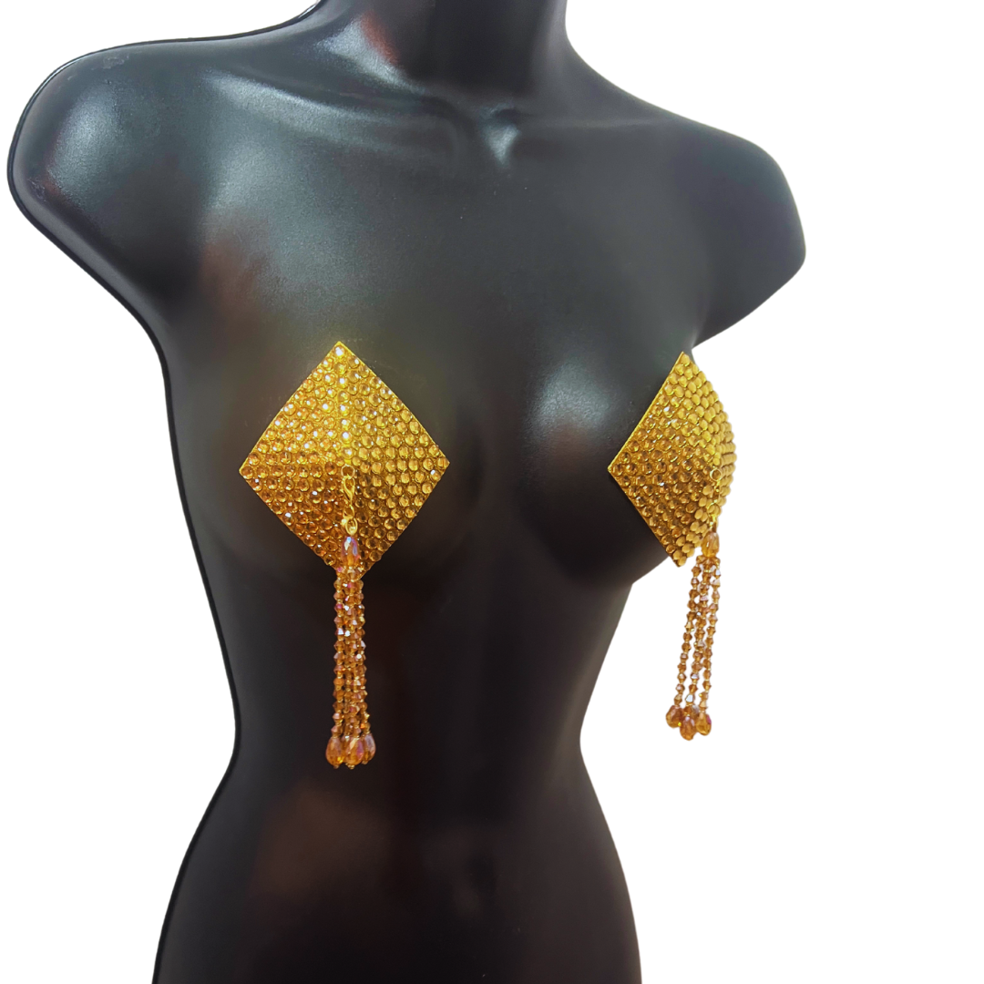 DIAMANTE (5 colours!) Diamond Shape Crystal Pasties, Covers (2 PCS) with Removable Crystal and Tassels