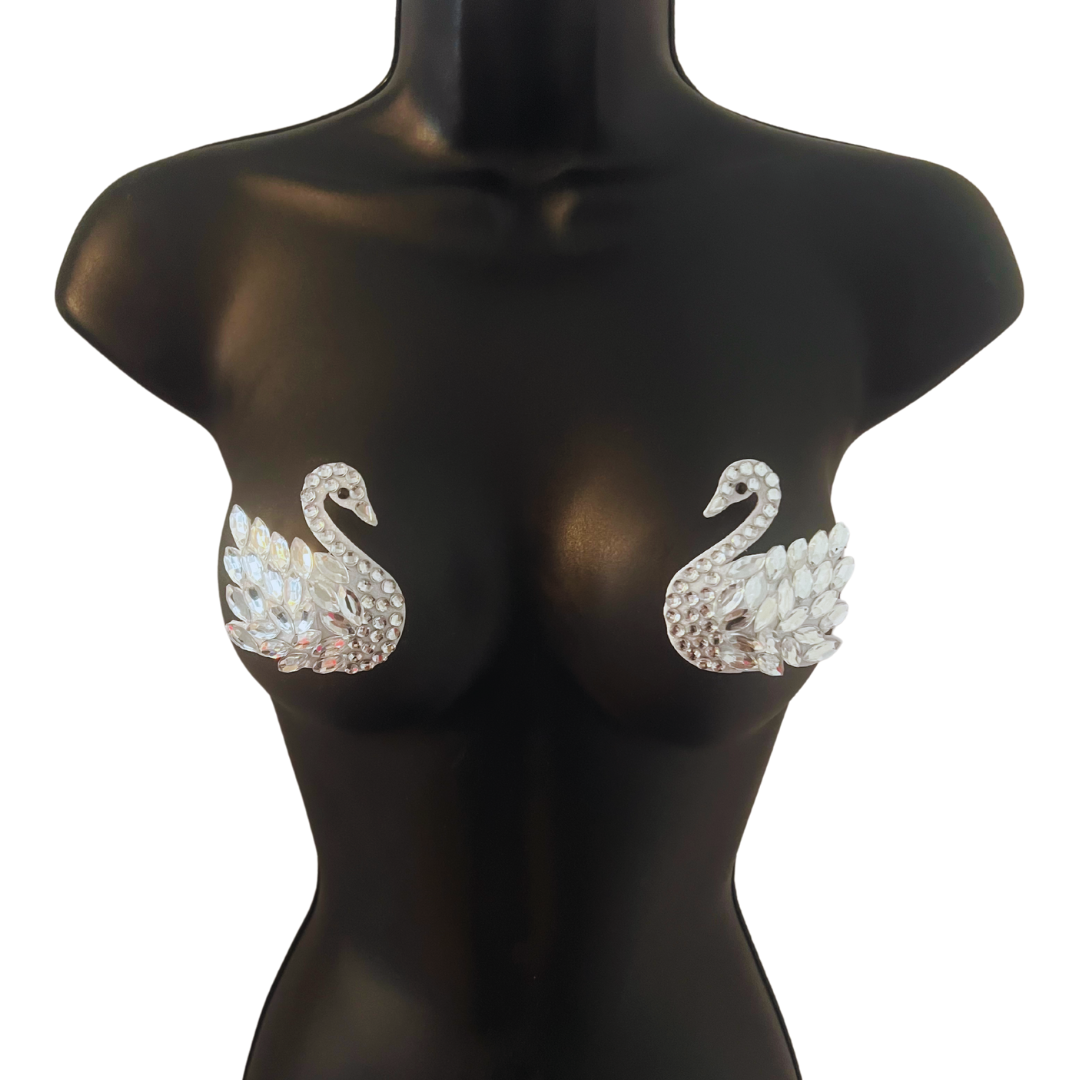 SWAN LAKE - Glitter and Gem Swan Nipple Pasties Covers (2pcs) for Burlesque, Rave Lingerie and Festivals