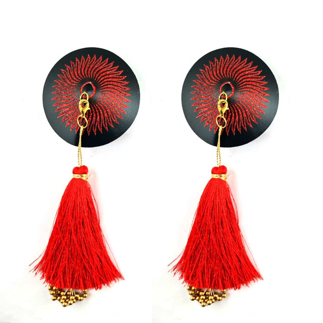 SUN GODDESS Pâte à tétons rouge pailletée et noire, cache-tétons (2 pièces) avec pompon perlé pour burlesque, raves de lingerie et festivals – VENTE