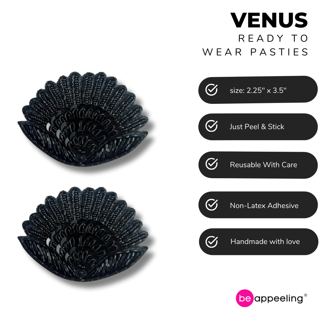 VENUS Noir ou Or - Couvre-tétons à paillettes et coquilles brodées (2pcs) pour Burlesque, Rave Lingerie et Festivals