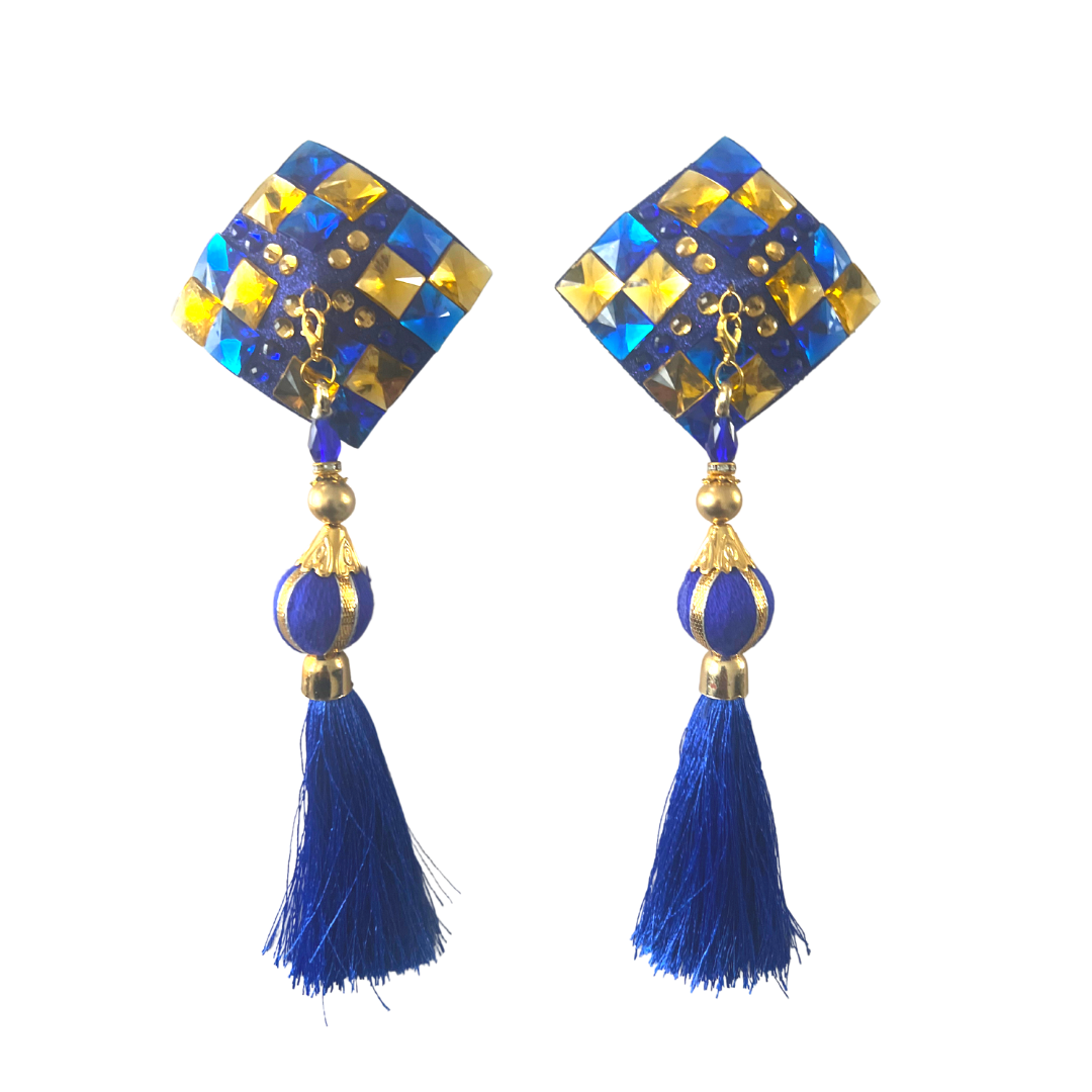 ROYAL TEASE Cache-tétons carrés bleus et dorés/diamants, couvertures (2 pièces) avec pompons amovibles (2 pièces) Lingerie burlesque Raves et festivals