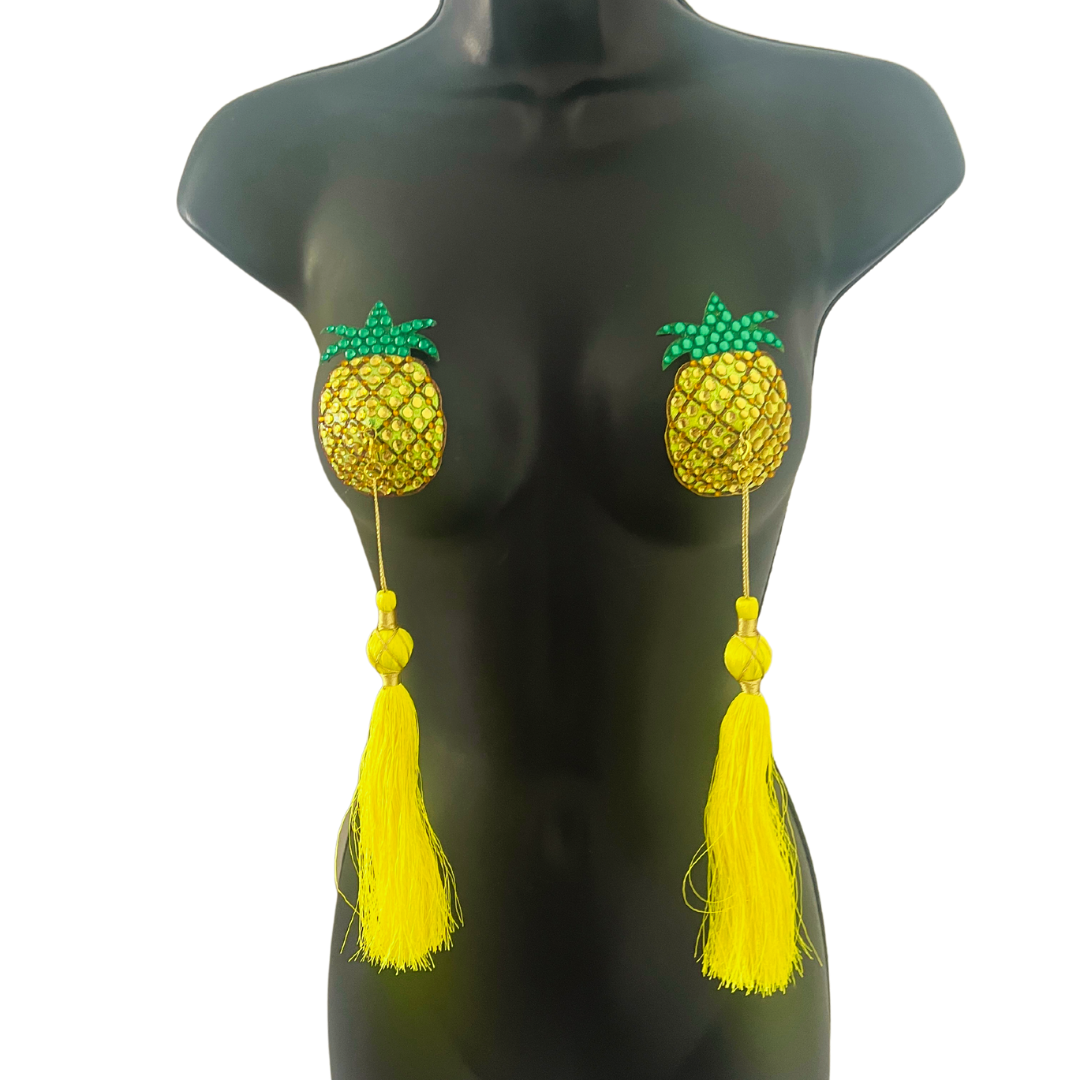 BAHAMA MAMA Pâte à tétons jaune ananas, cache-tétons (2 pièces) avec pompons extra longs amovibles pour lingerie carnaval burlesque rave