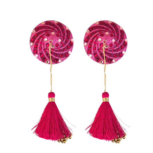 CANDY CRUSH Pink Pink and Pink Nipple Pasty, Nipple Cover (2pcs) with Pink Gold Beaded Tassels for Lingerie Carnival Burlesque Rave