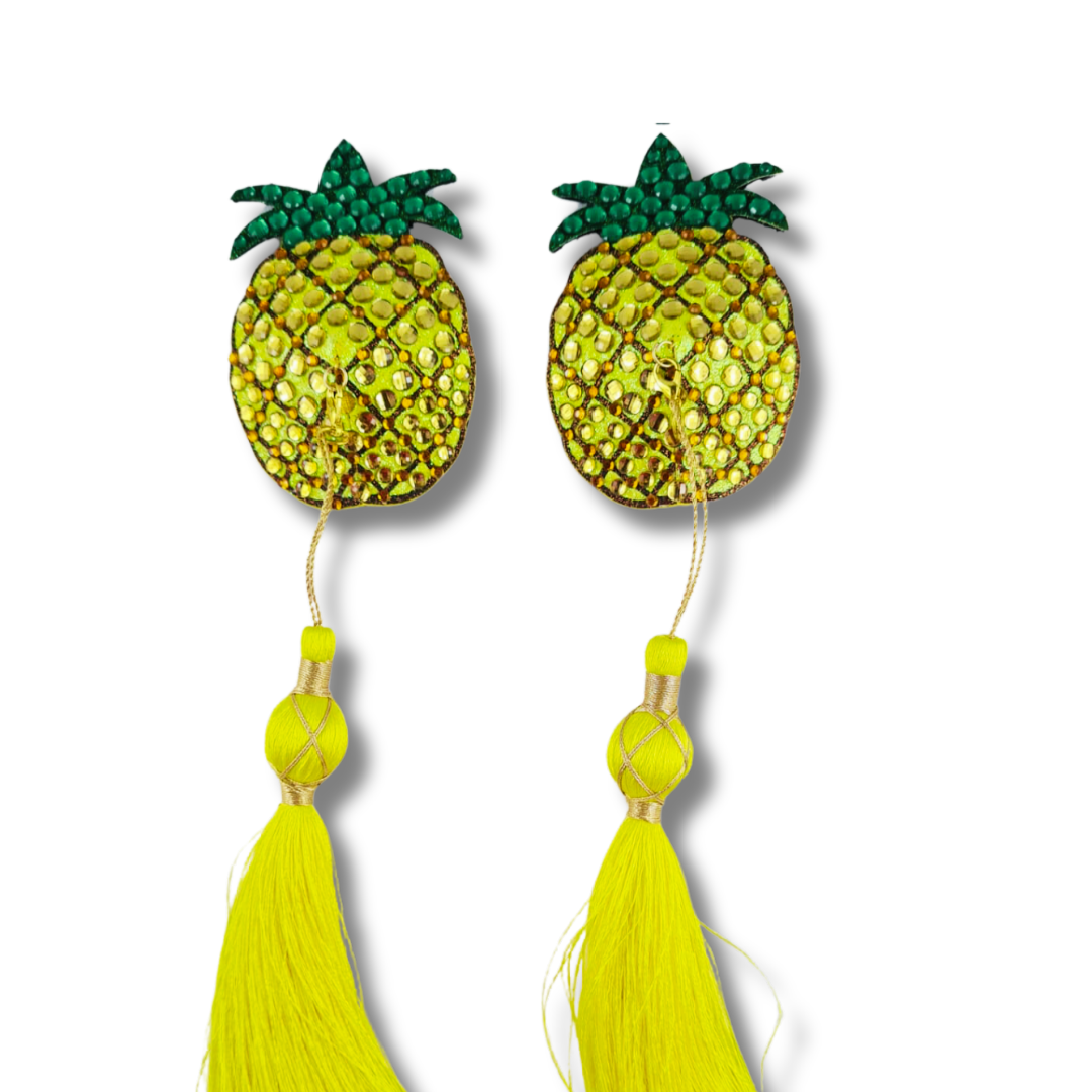 BAHAMA MAMA Pâte à tétons jaune ananas, cache-tétons (2 pièces) avec pompons extra longs amovibles pour lingerie carnaval burlesque rave