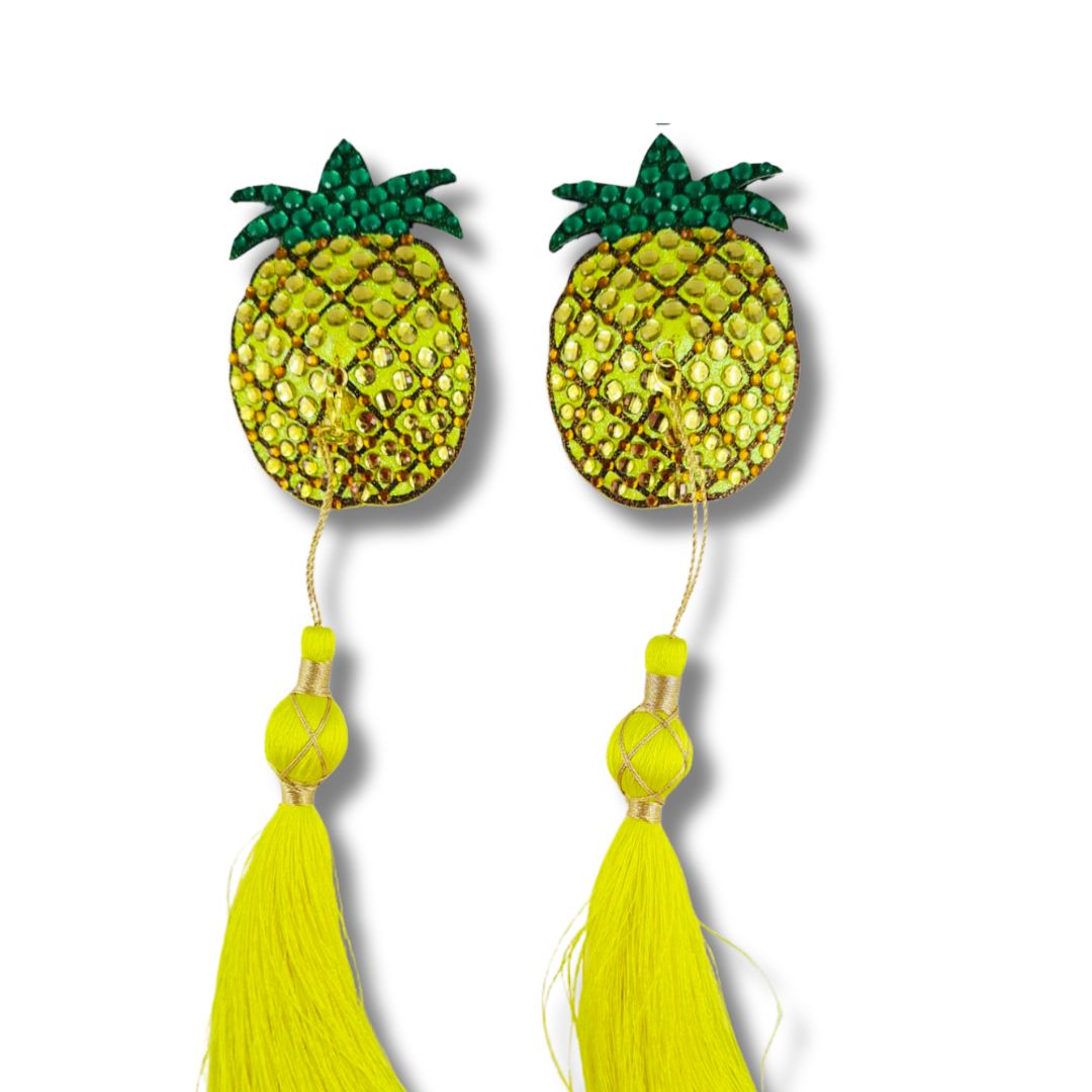 BAHAMA MAMA Yellow Pineapple Nipple Pasty, Nipple Cover (2pcs) with Removable Extra Long Tassels for Lingerie Carnival Burlesque Rave