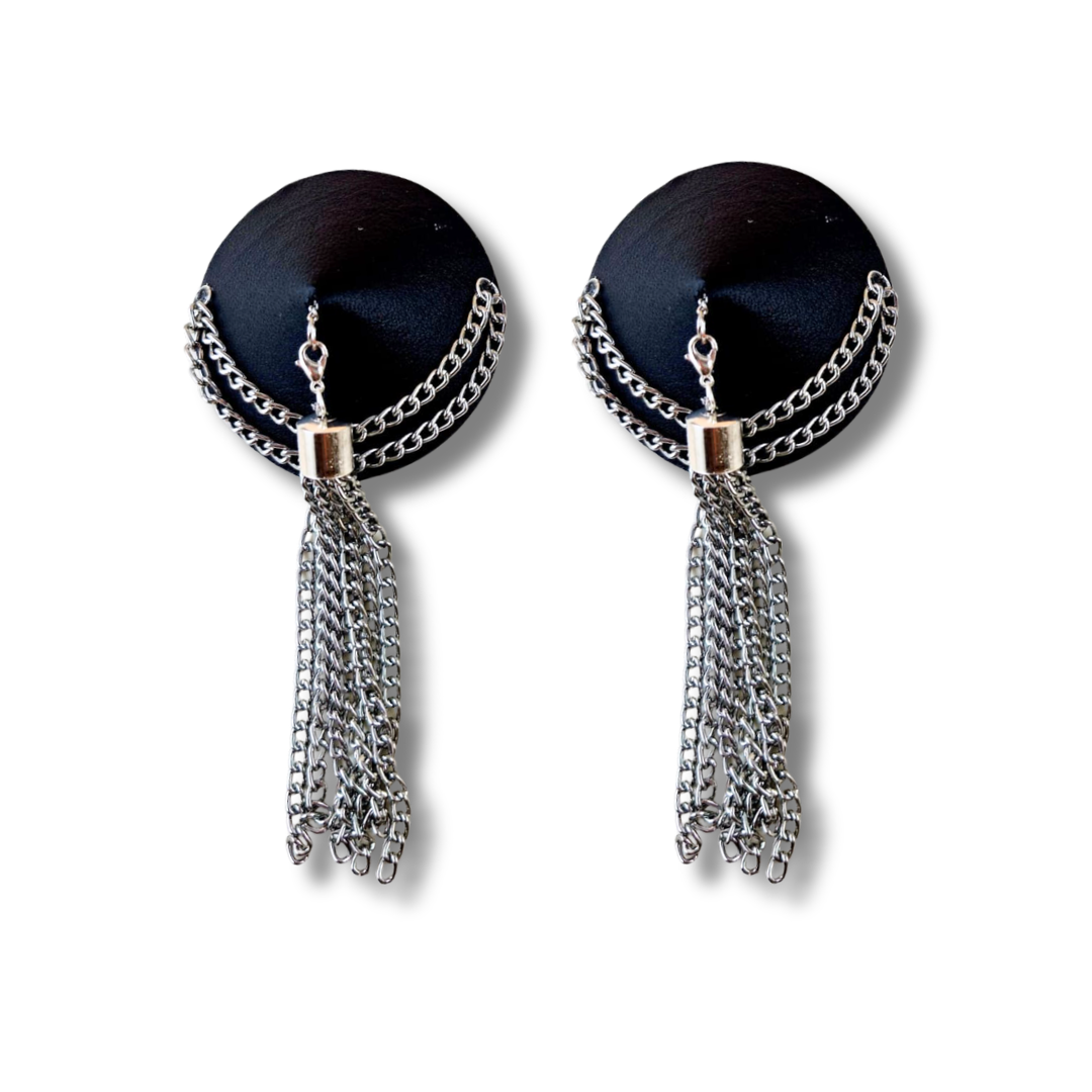 BLACK BETTY Soft Leather and Silver Chain Nipple Pasties, Pasty, Covers (2 PCS) Appeeling 2.5 inches
