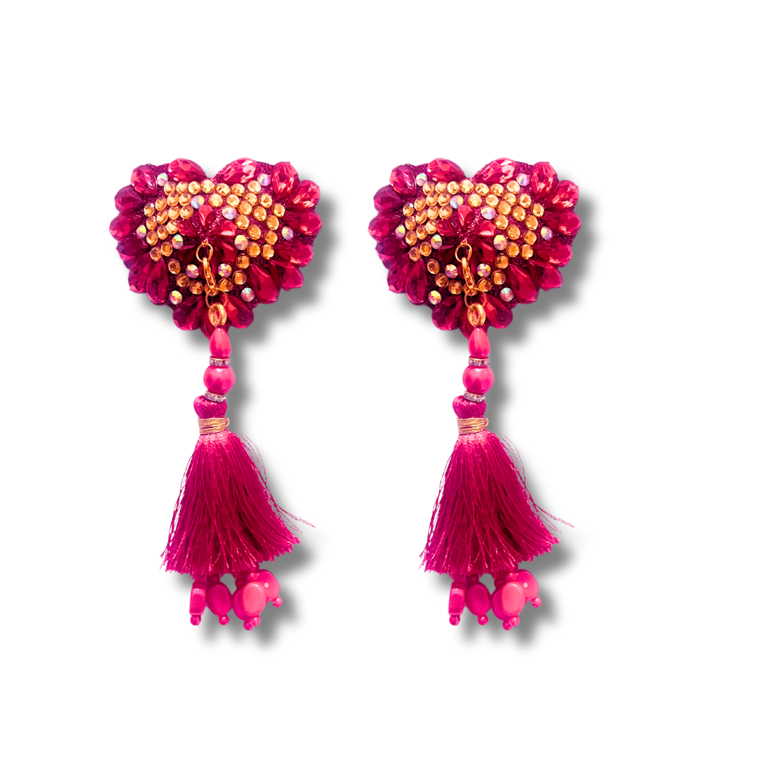 CUPID'S CHARM Pink and Gold Heart Shape Nipple Pasties Covers (2pcs) with Removable Tassels