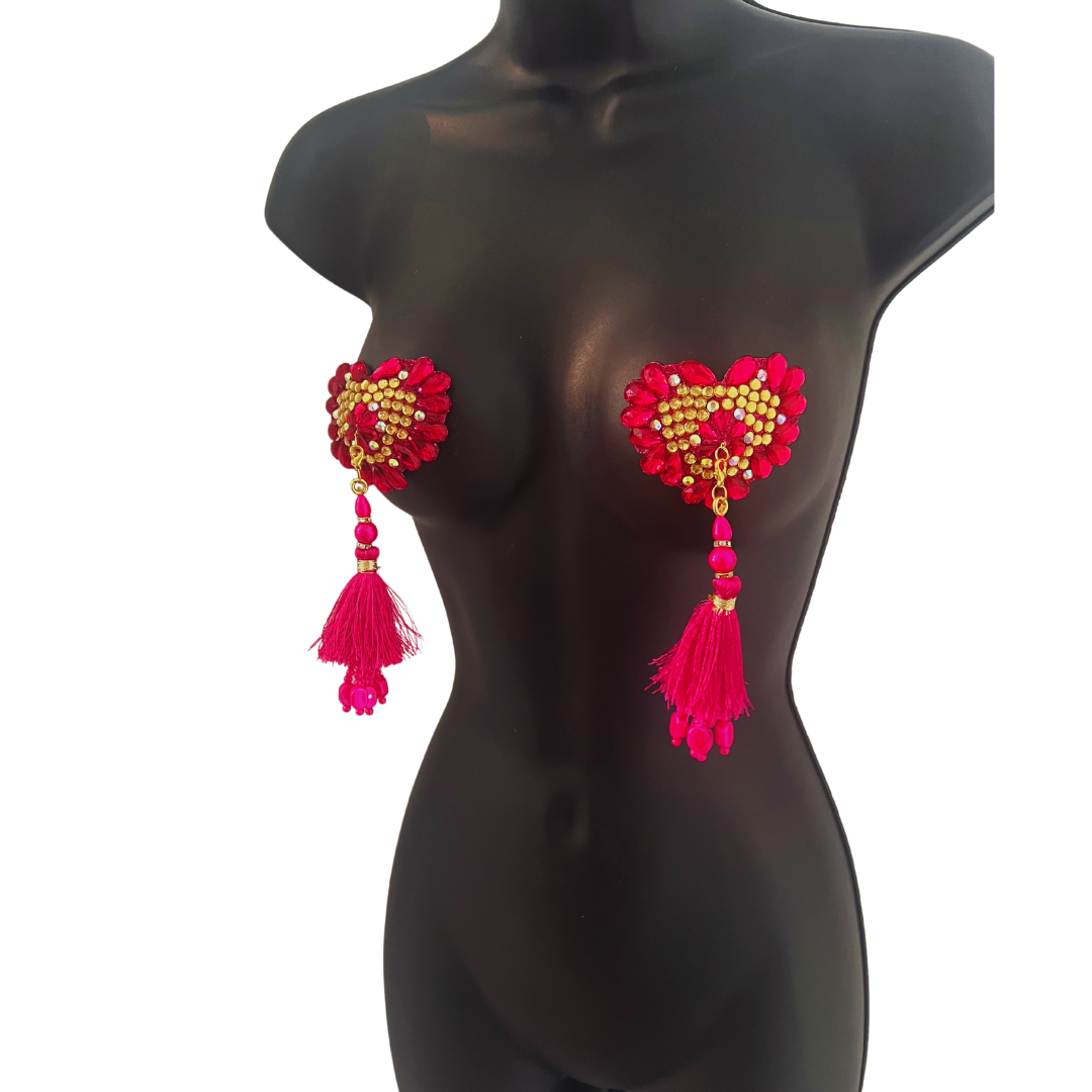 CUPID'S CHARM Pink and Gold Heart Shape Nipple Pasties Covers (2pcs) with Removable Tassels
