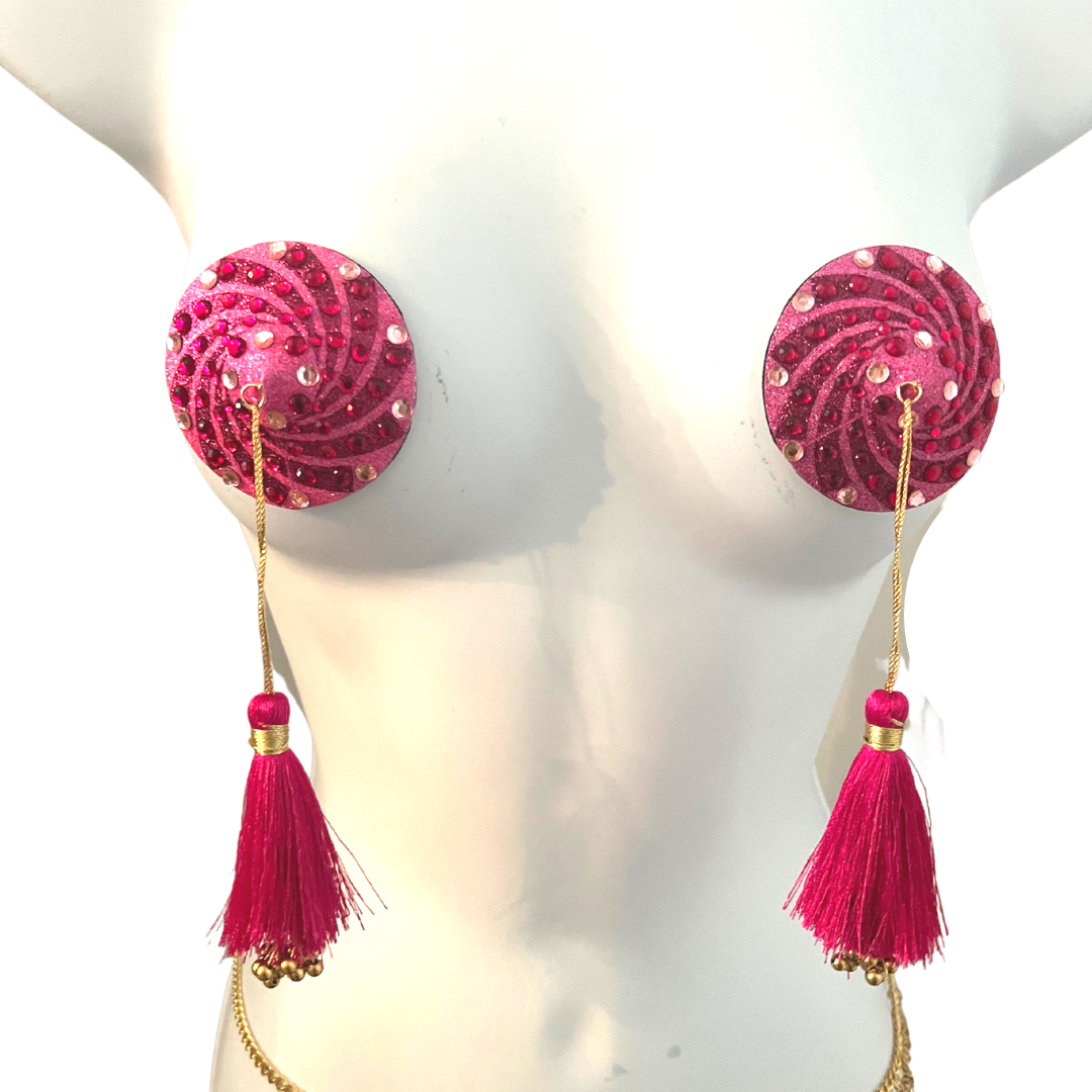 CANDY CRUSH Pink Pink and Pink Nipple Pasty, Nipple Cover (2pcs) with Pink Gold Beaded Tassels for Lingerie Carnival Burlesque Rave