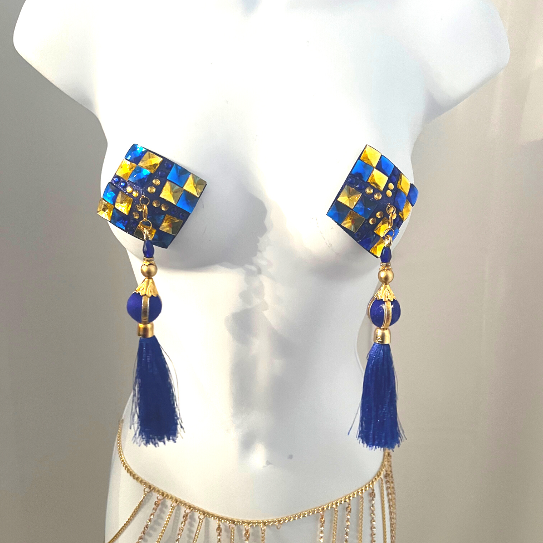 ROYAL TEASE Cache-tétons carrés bleus et dorés/diamants, couvertures (2 pièces) avec pompons amovibles (2 pièces) Lingerie burlesque Raves et festivals