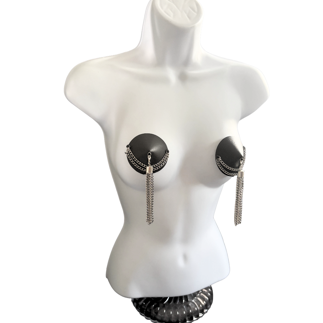 BLACK BETTY Soft Leather and Silver Chain Nipple Pasties, Pasty, Covers (2 PCS) Appeeling