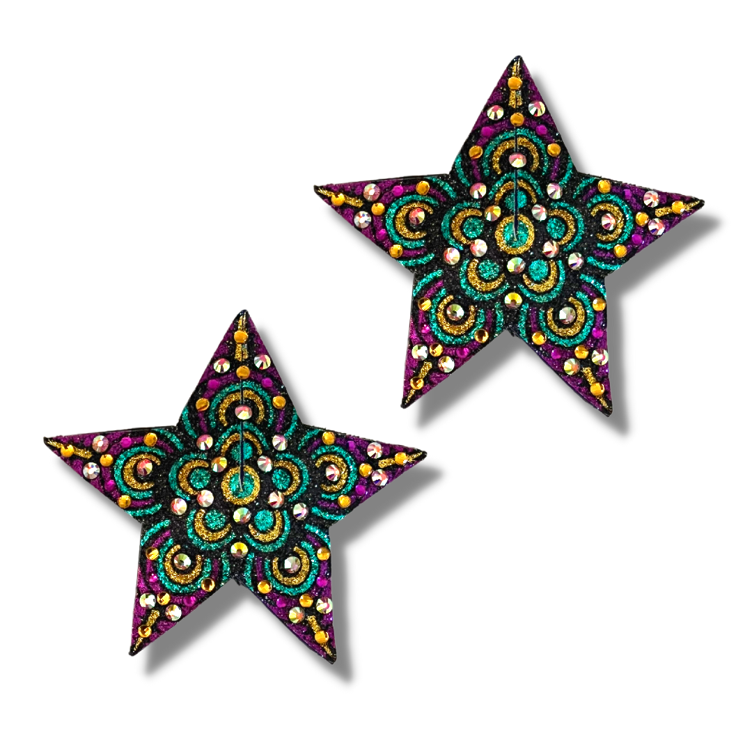 NOCHE ESTRELLADA Colorido Mosaico Brillo y Gema STAR Pasties, Cubiertas de pezones (2pcs) para Burlesque Rave Festival Pride Carnival Lingerie