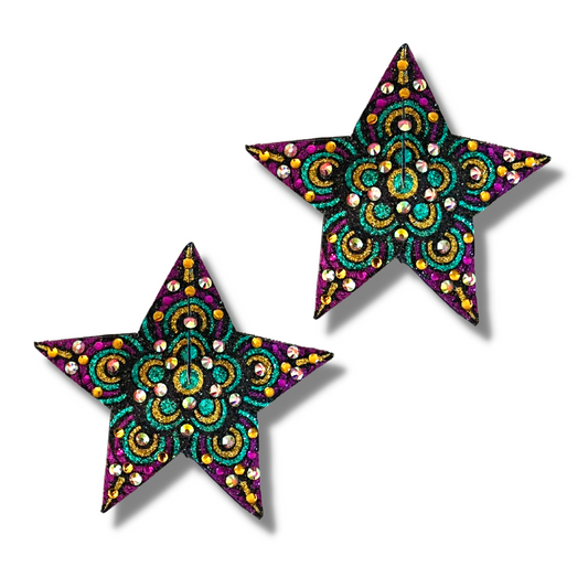 STARRY NIGHT Coloré Mosaïque Paillettes et Gem STAR Pasties, Couvre-tétons (2pcs) pour Burlesque Rave Festival Pride Carnival Lingerie