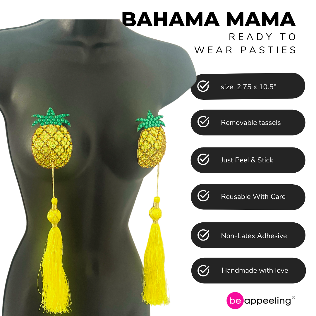 BAHAMA MAMA Pâte à tétons jaune ananas, cache-tétons (2 pièces) avec pompons extra longs amovibles pour lingerie carnaval burlesque rave