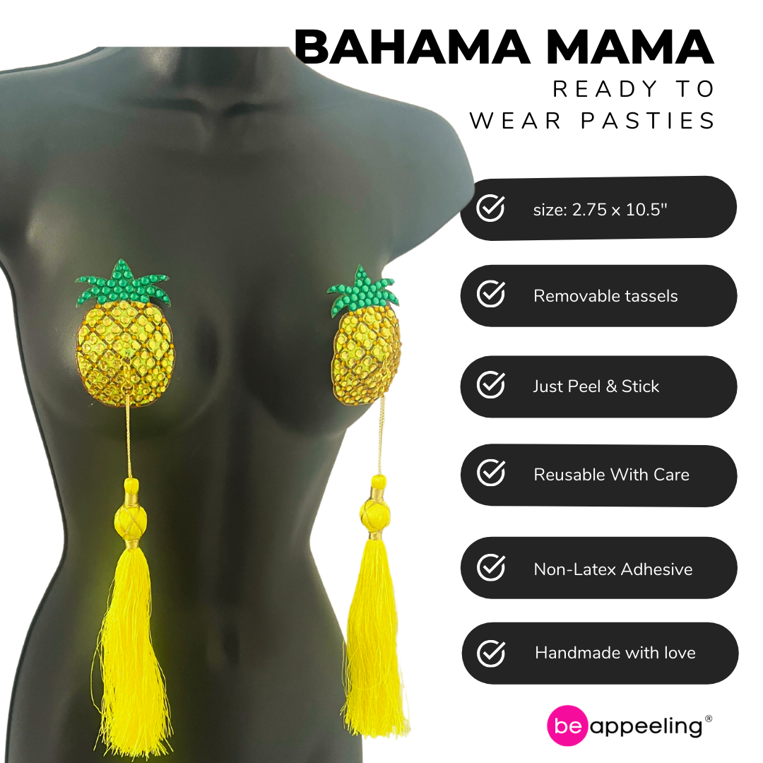 BAHAMA MAMA Yellow Pineapple Nipple Pasty, Nipple Cover (2pcs) with Removable Extra Long Tassels for Lingerie Carnival Burlesque Rave