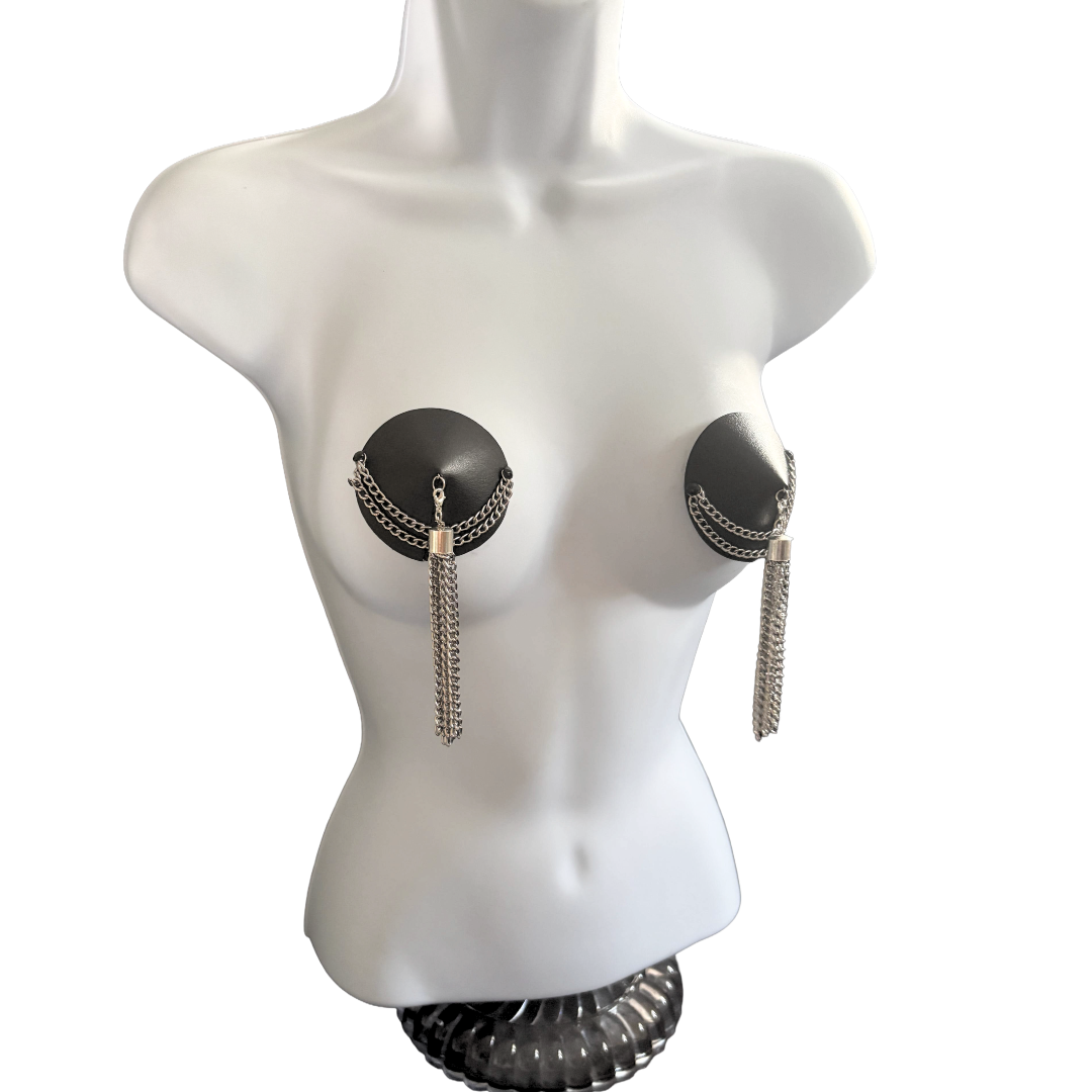 BLACK BETTY Soft Leather and Silver Chain Nipple Pasties, Pasty, Covers (2 PCS) Appeeling