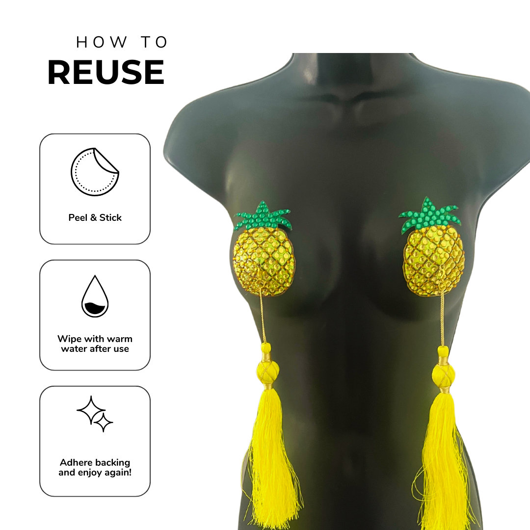 BAHAMA MAMA Pâte à tétons jaune ananas, cache-tétons (2 pièces) avec pompons extra longs amovibles pour lingerie carnaval burlesque rave