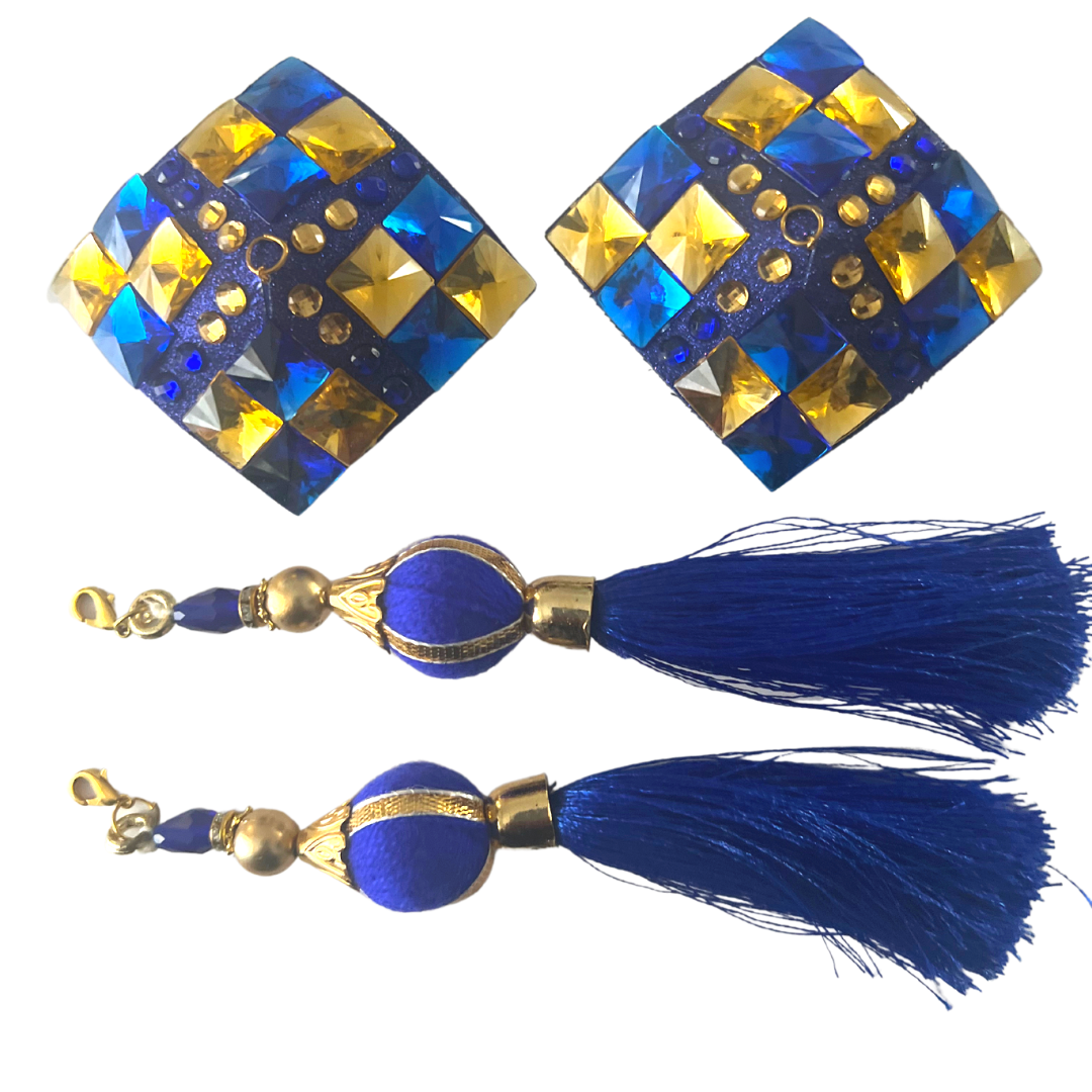 ROYAL TEASE Blue and Gold Square/Diamond Nipple Pasties, Covers (2pcs) with RemovableTassels (2pcs) Burlesque Lingerie Raves and Festivals