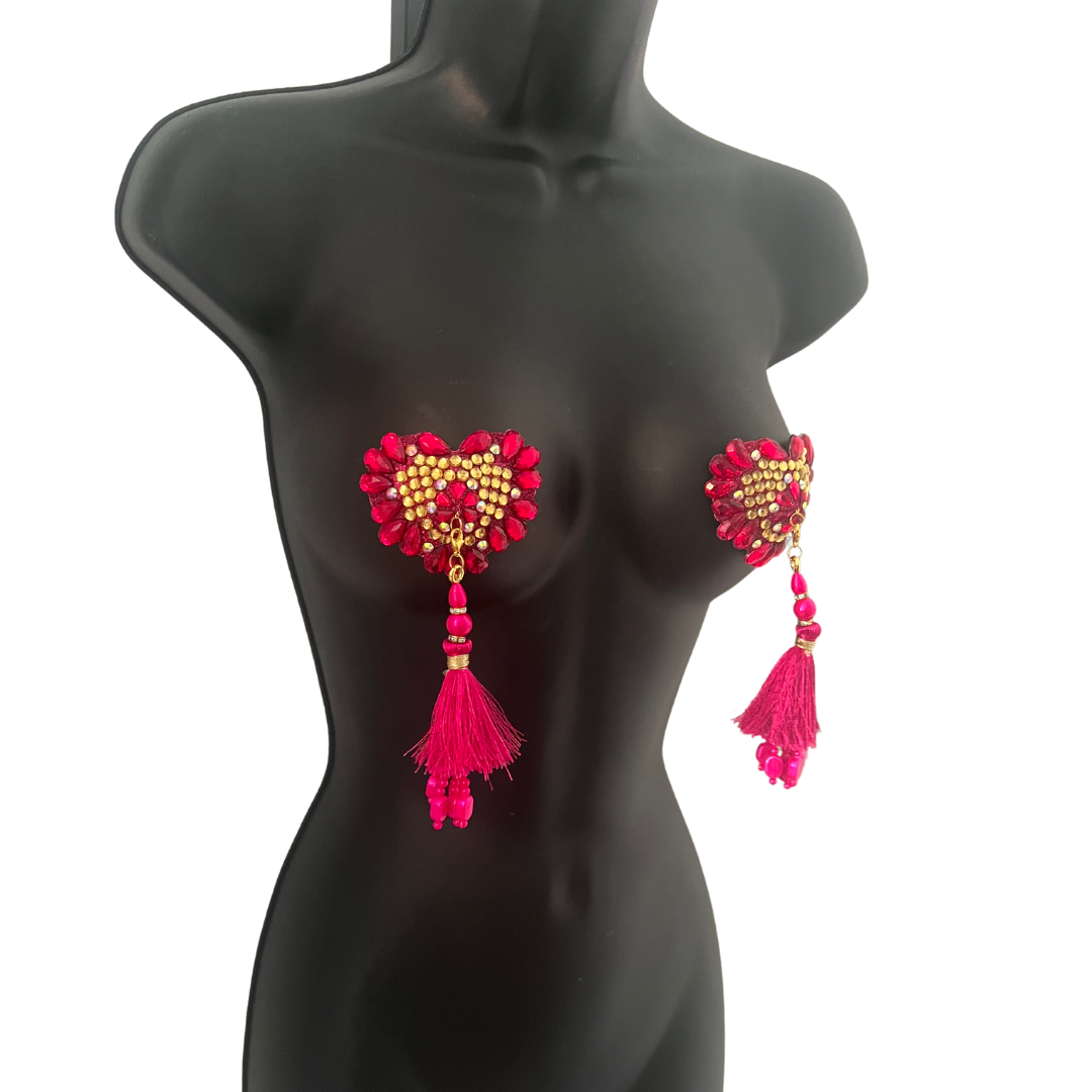 CUPID'S CHARM Pink and Gold Heart Shape Nipple Pasties Covers (2pcs) with Removable Tassels