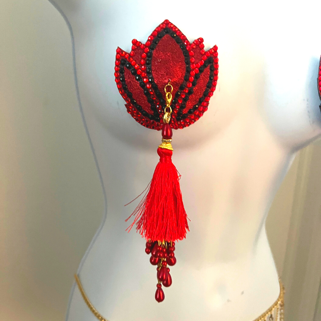 LOLITAS LUST Red and Gold Lotus Design Glitter & Gem, Nipple Cover (2pcs) Pasties w/ Removable Tassels for Lingerie Carnival Burlesque Rave