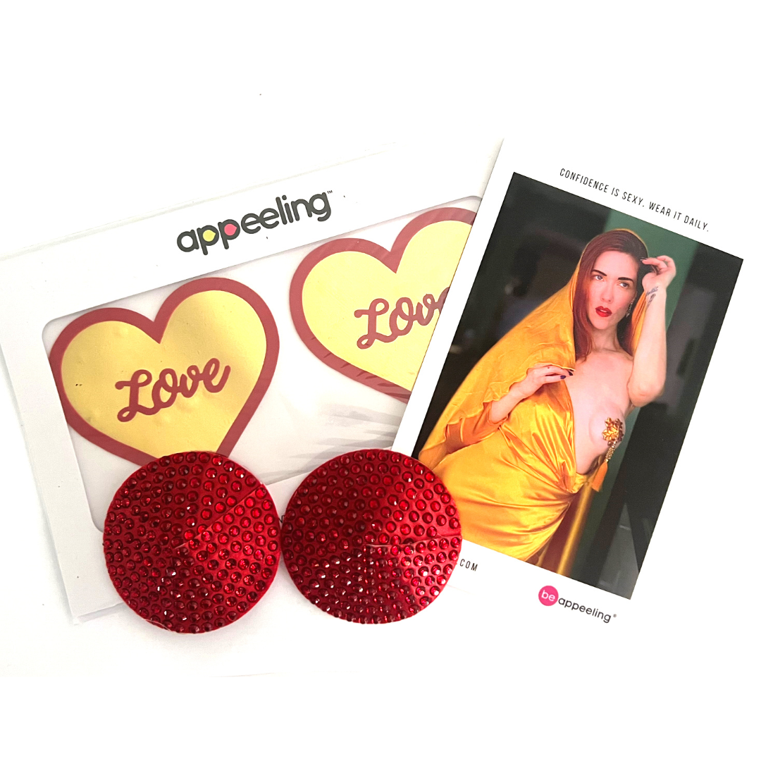 LOVE BOMB BUNDLE (2 paires, 4 pcs) - Coeur en feuille d'or rouge et rouge et pâte à mamelon en gemme rouge, couverture, glands pour carnaval de raves de lingerie burlesque - VENTE