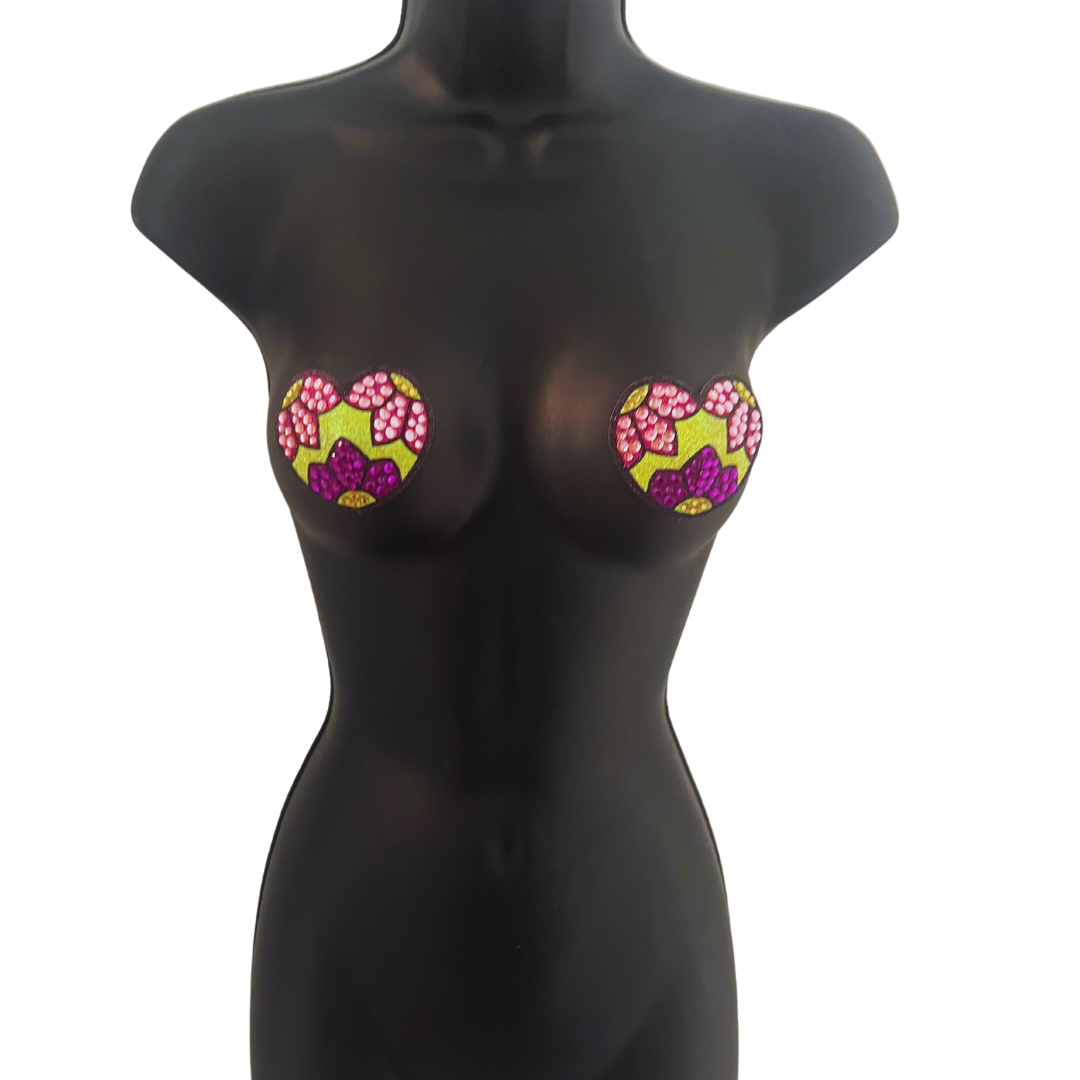 BELLA BLAZE  Yellow Heart Shape Nipple Pasties Covers with Beautiful Floral Design(2pcs) Reusable!