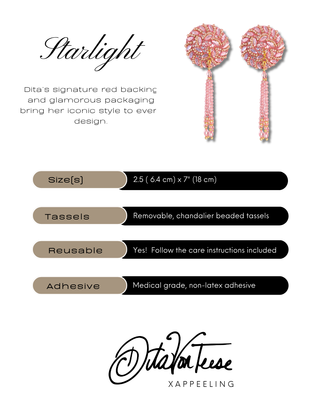 DITA VON TEESE STARLIGHT Pink Rhinestone & Crystal Pasties with Removable Hand-Beaded Tassels (2pcs) Appeeling