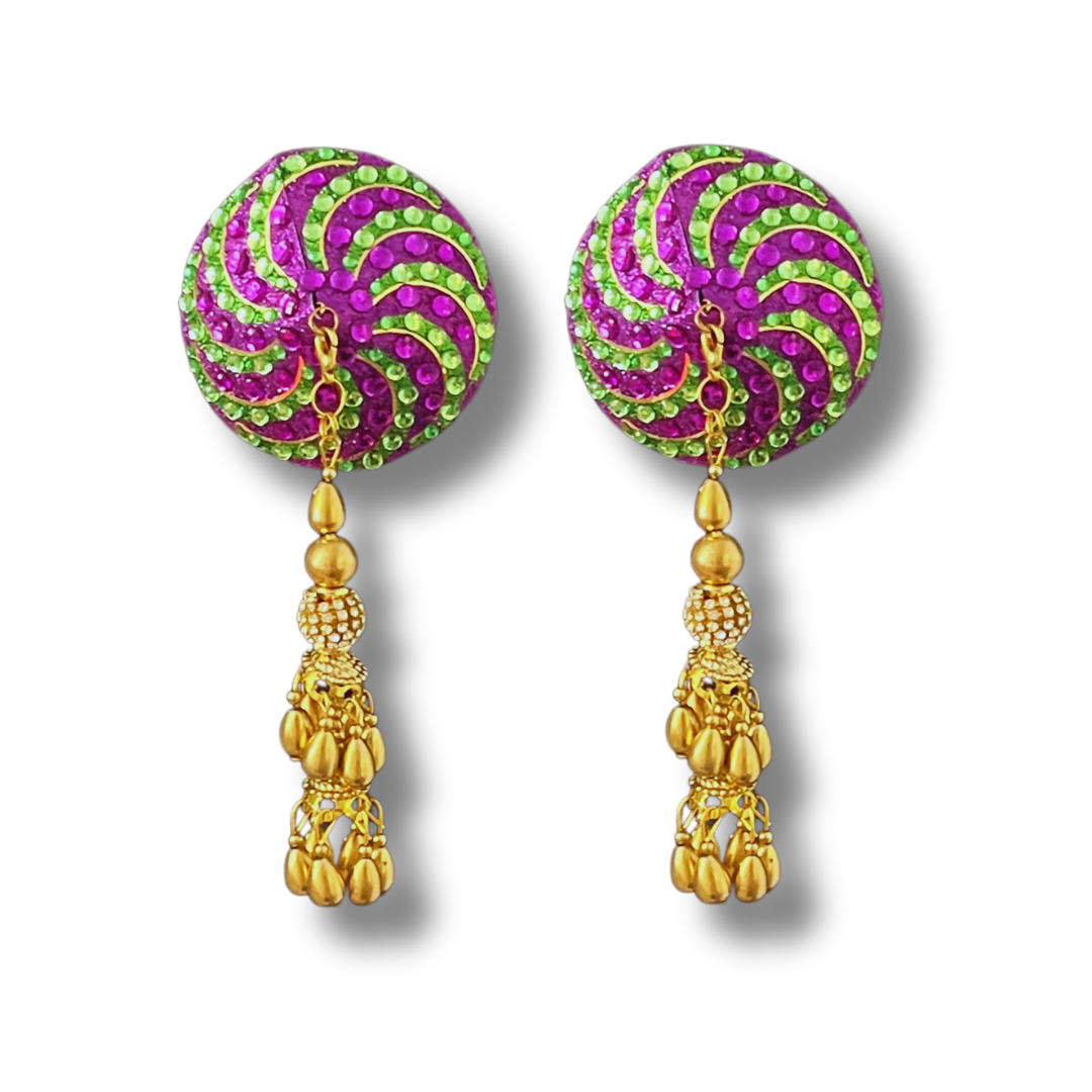 BAYOU BLING Mardi Gras Themed Nipple Pasties Covers (2pcs) with Removable Gold Hand Beaded Tassels