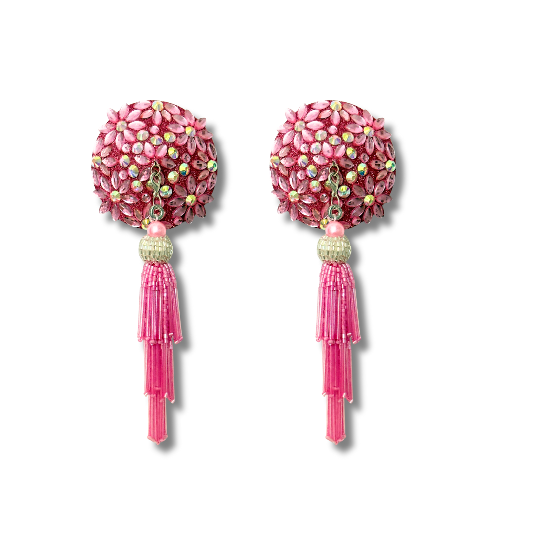 FLORAL FANTASY Pink Gems and AB Gems Nipple Pasty, Covers (2pcs) with Hand beaded Beaded Removable Chandelier Tassels
