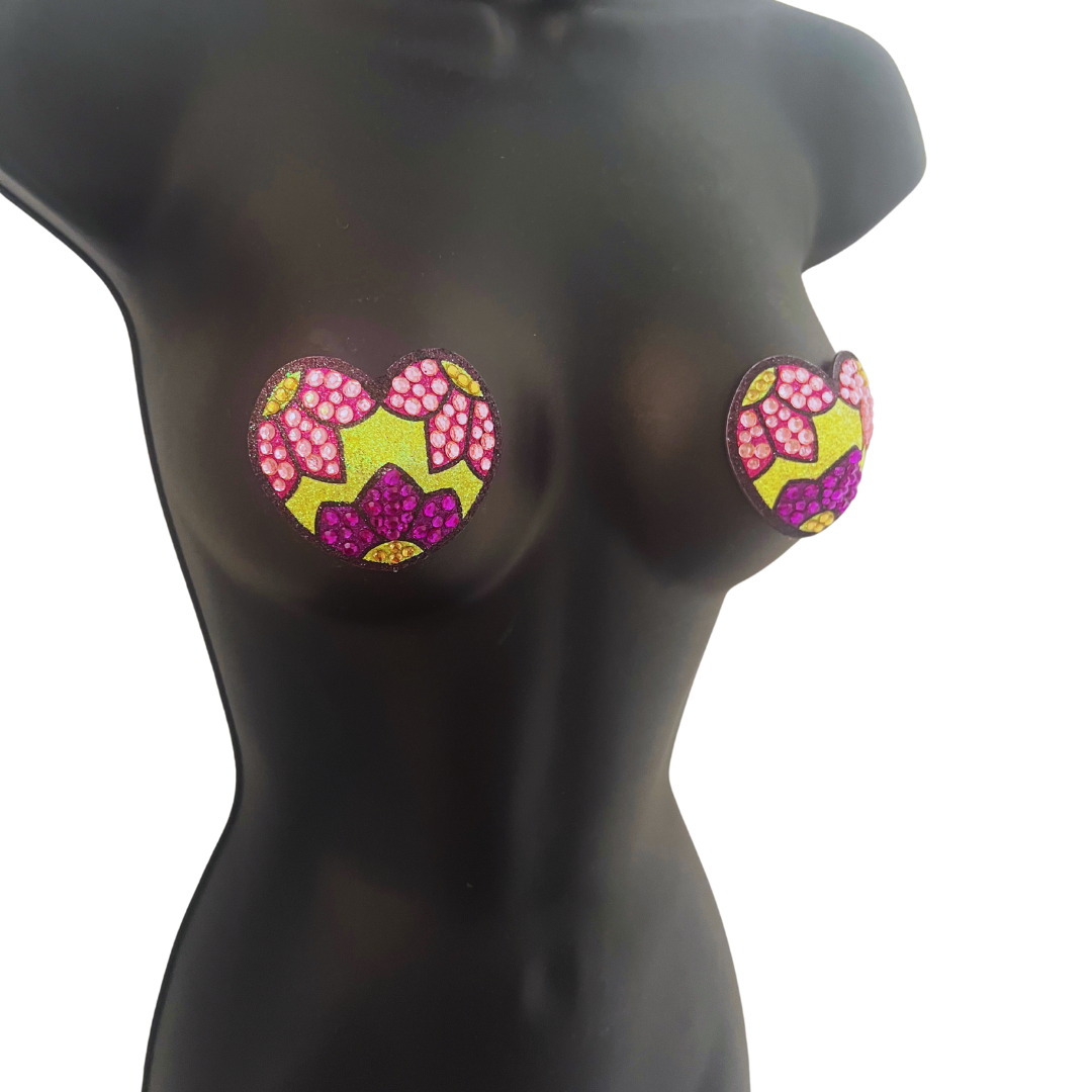 BELLA BLAZE  Yellow Heart Shape Nipple Pasties Covers with Beautiful Floral Design(2pcs) Reusable!