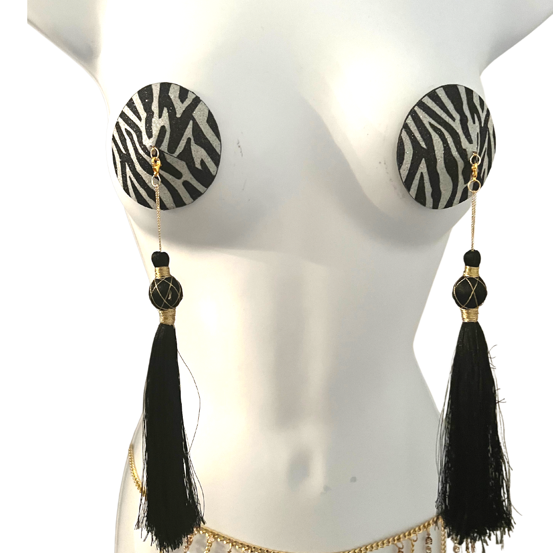 ZOË Glitter Zebra Print Nipple Pasty, Nipple Cover (2pcs) with 2 sets of Tassels for Lingerie Carnival Burlesque Rave Festivals