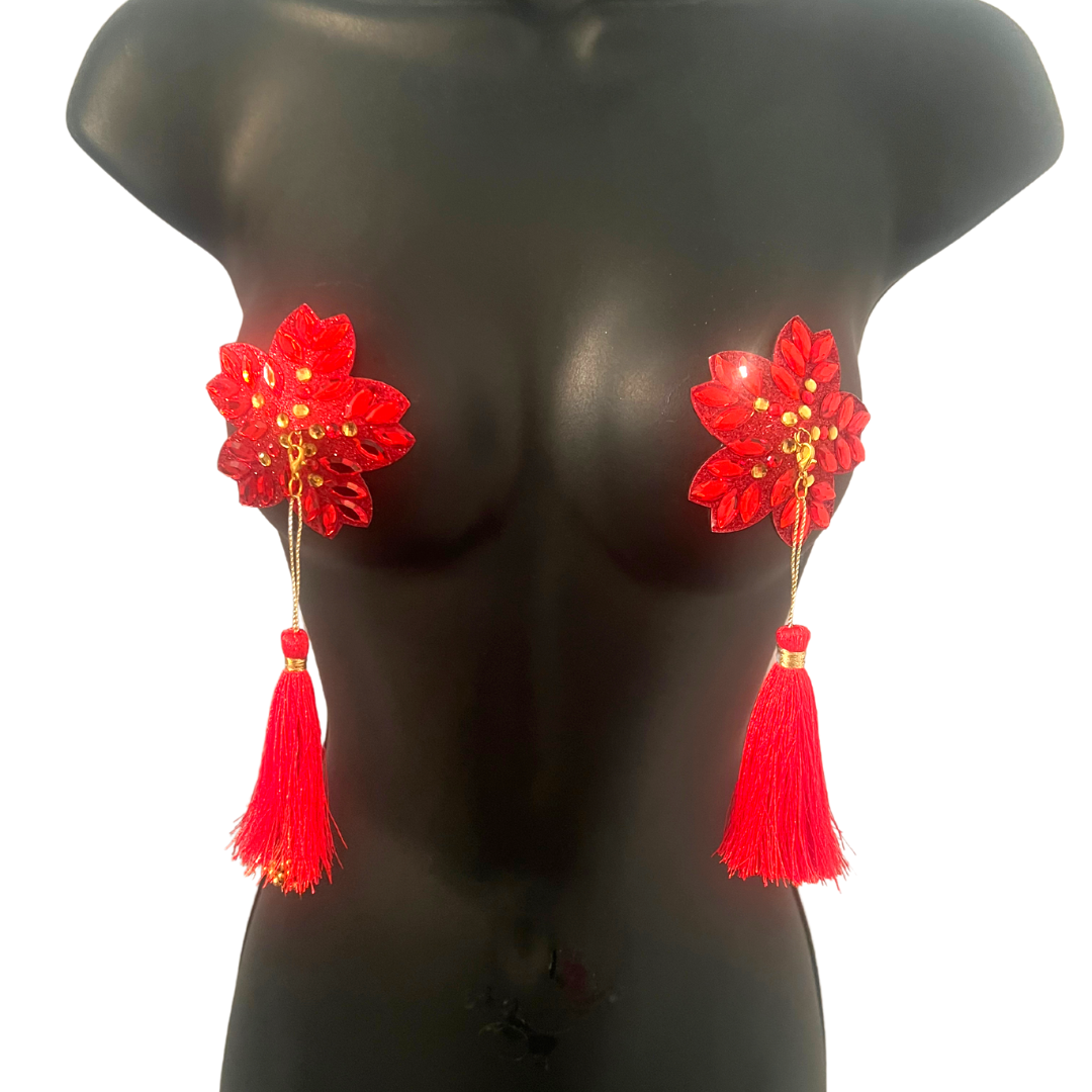 HOLLY BERRY Rouge/Or ou Vert/Or Floral Nipple Pasties, Couvertures (2pcs) w/ Glands perlés à la main (2pcs) Burlesque Lingerie Raves et Festivals