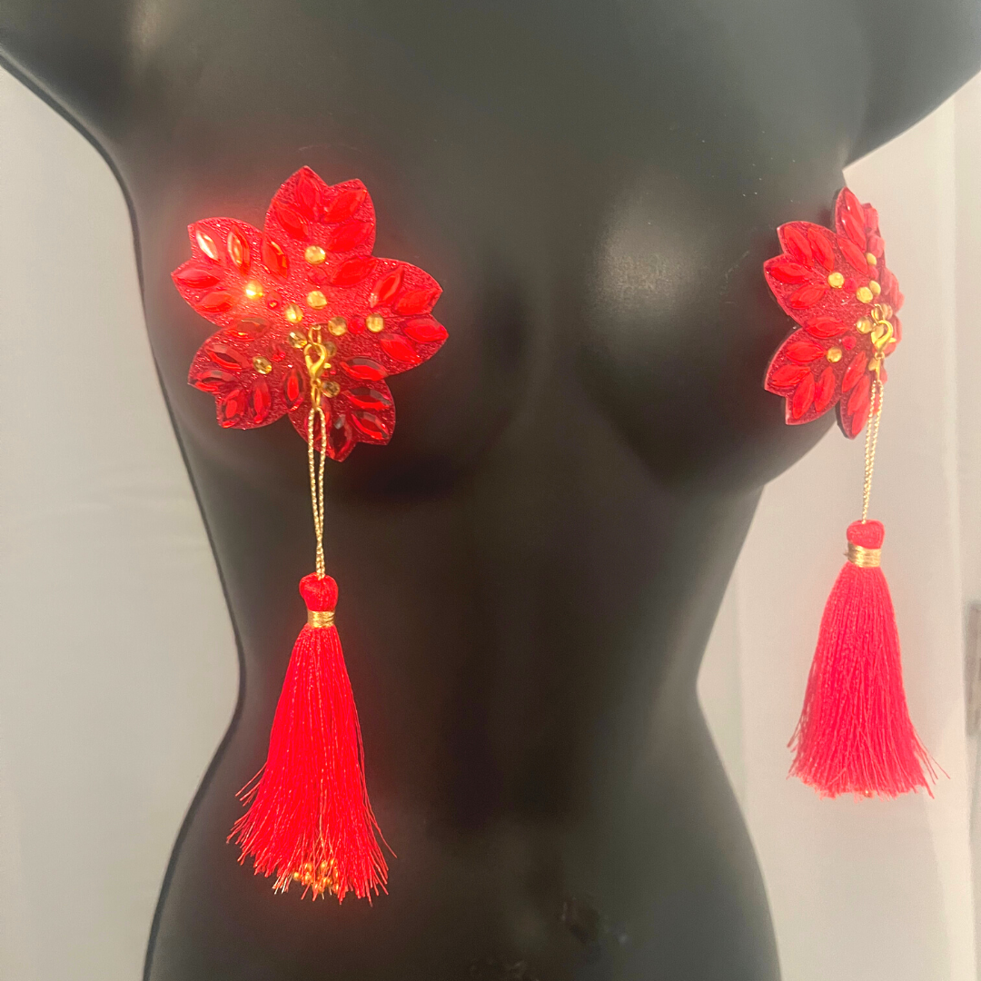 HOLLY BERRY Red/Gold or Green/Gold Floral Nipple Pasties, Covers (2pcs) w/ Hand Beaded Tassels (2pcs)