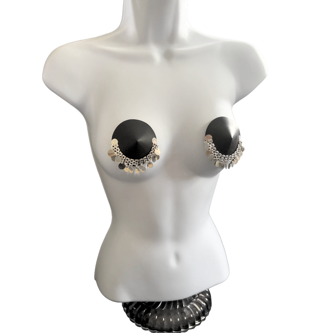 ZAHARA Faux Leather and Silver Chain Nipple Pasties, Pasty, Covers (2 PCS)