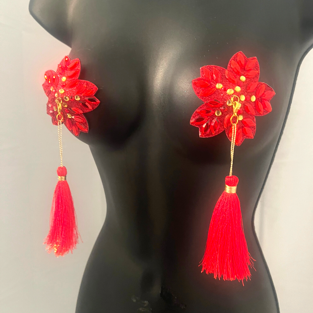 HOLLY BERRY Red/Gold or Green/Gold Floral Nipple Pasties, Covers (2pcs) w/ Hand Beaded Tassels (2pcs)