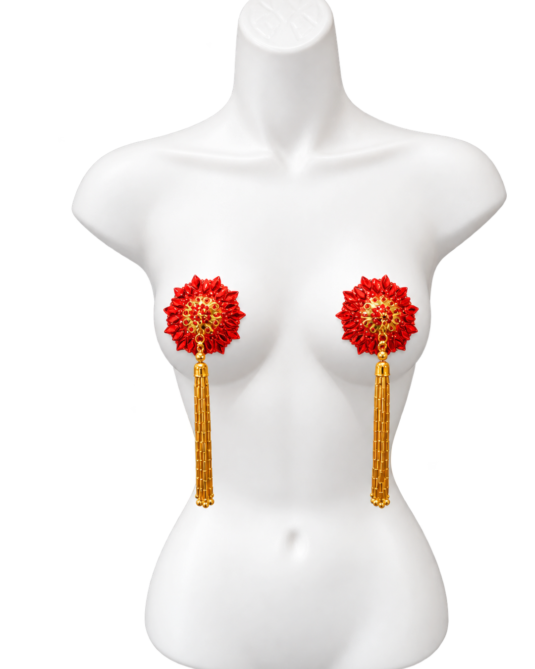 DITA VON TEESE ZORITA Red and Gold Pasties with Removable Hand-Beaded Gold Tassels (2pcs) Appeeling