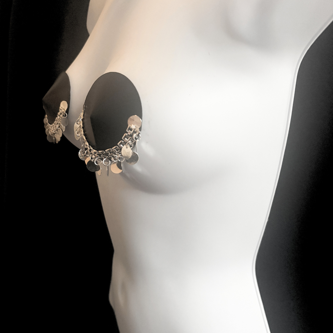 ZAHARA Faux Leather and Silver Chain Nipple Pasties, Pasty, Covers (2 PCS)