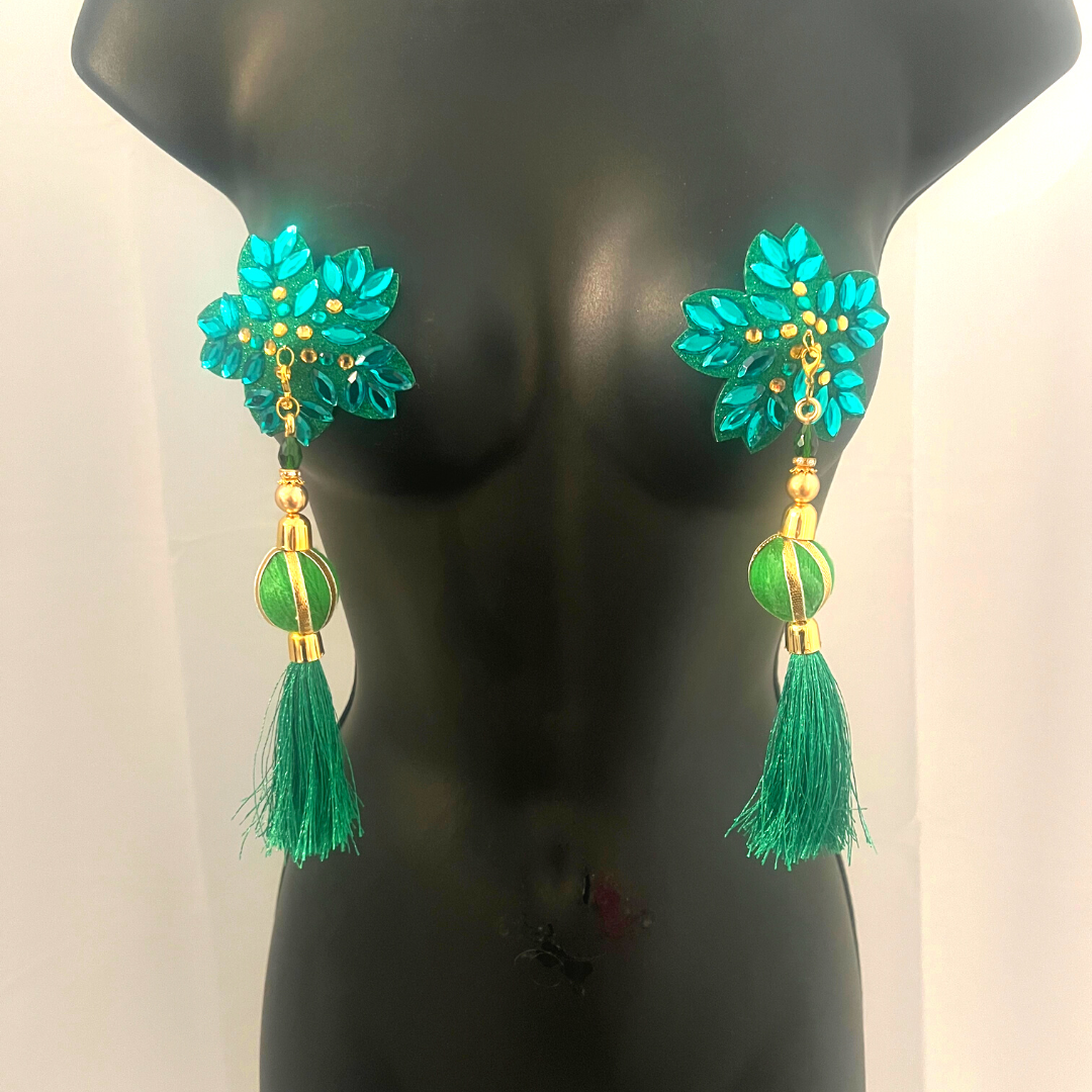 HOLLY BERRY Red/Gold or Green/Gold Floral Nipple Pasties, Covers (2pcs) w/ Hand Beaded Tassels (2pcs)