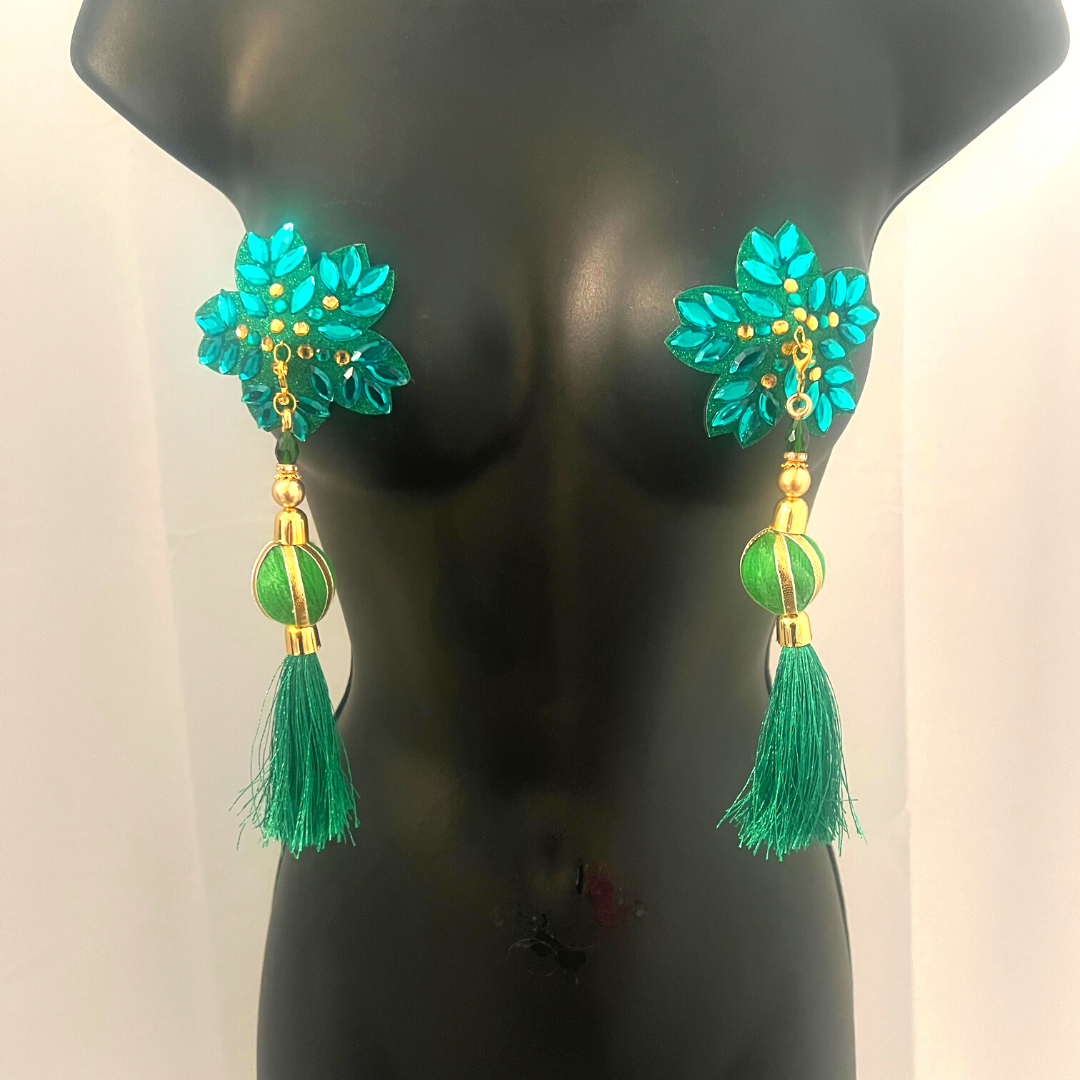 HOLLY BERRY Red/Gold or Green/Gold Floral Nipple Pasties, Covers (2pcs) w/ Hand Beaded Tassels (2pcs) Burlesque Lingerie Raves and Festivals